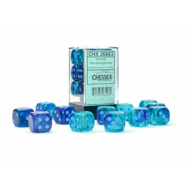 Gemini: 16mm d6 Blue-Blue/light blue Luminary Dice Block (12 Dice)