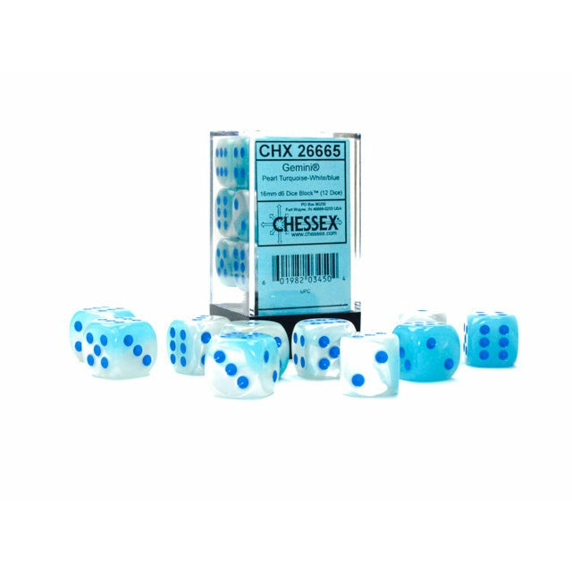 Gemini: 16mm d6 Pearl Turquoise-White/blue Luminary Dice Block (12)