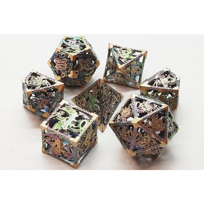 7 Piece DnD RPG Metal Dice Set: Hollow Dragon Dice - Spectral w/ Gold