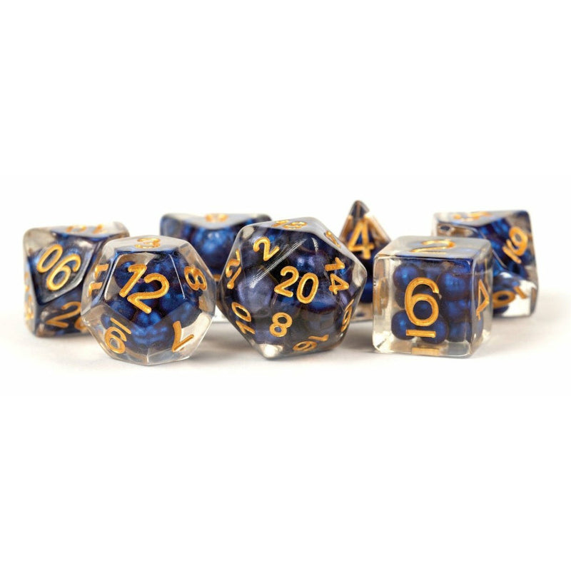 Pearl Resin 16mm Poly Dice Set: Royal Blue/Gold Numbers (7)