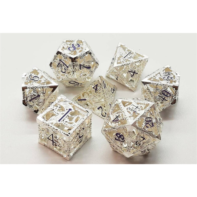 7 Piece DnD RPG Metal Dice Set: Hollow Dragon Dice - Silver W/ Purple