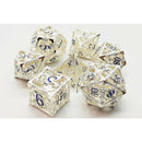 7 Piece DnD RPG Metal Dice Set: Hollow Dragon Dice - Silver w/ Blue