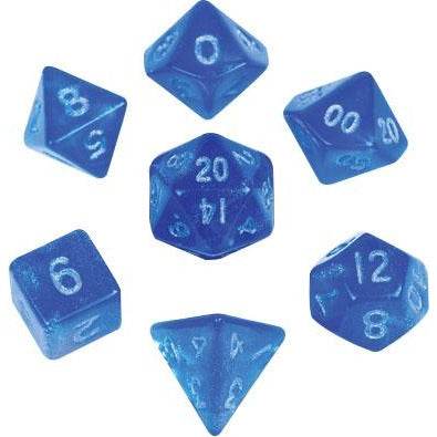 10mm Mini Stardust Acrylic Poly Dice Set: Blue w/ Silver Numbers (7)