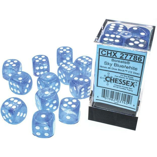 Borealis: 16mm d6 Sky Blue/white Luminary Dice Block (12 dice)