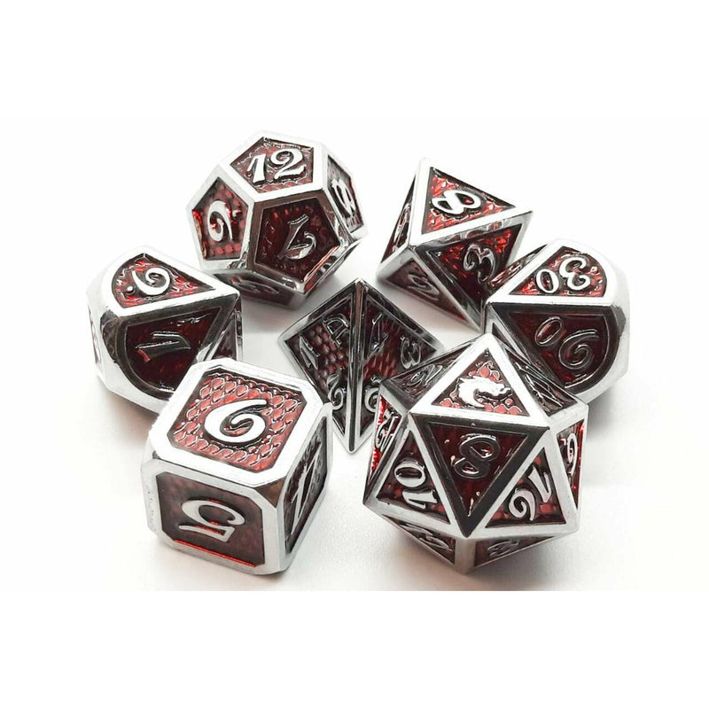 Old School 7 Piece DnD RPG Metal Dice Set: Dragon Scale - Red