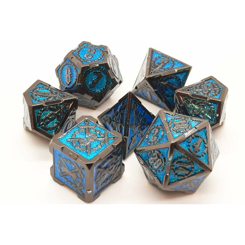 Old School 7 Piece DnD RPG Metal Dice Set: Knights of the Round Table - Turquoise w/ Black