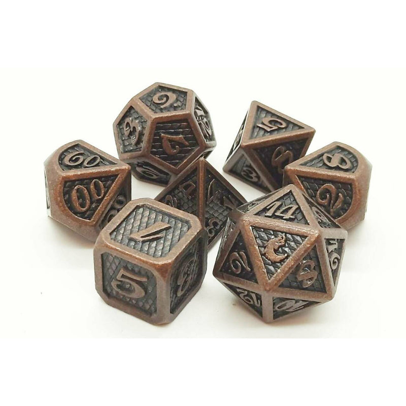 Old School 7 Piece DnD RPG Metal Dice Set: Dragon Scale - Ancient Bronze